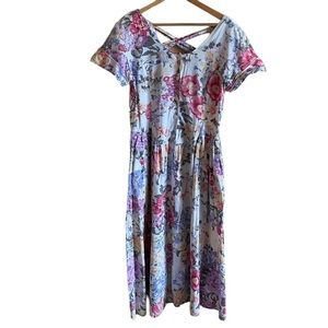 Vintage Jessie Floral Maxi V Neck Button Front Criss Cross and Tie Back Dress LG